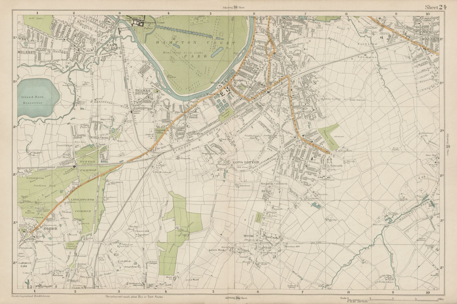 SURBITON & ESHER Hampton Court East Molesey Thames Ditton Hook. BACON  1919 map